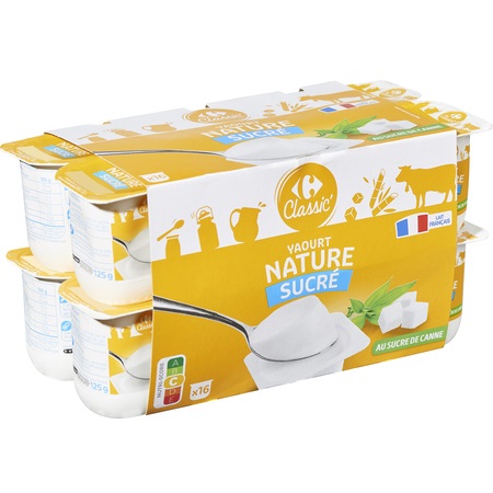 Carrefour Yaourt nature sucré au sucre de canne 16x125g
