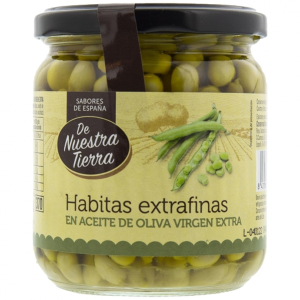 De Nuestra Tierra Habitas extrafinas en aceite de oliva virgen extra Jeunes fèves extra fines à l’huile d&rs