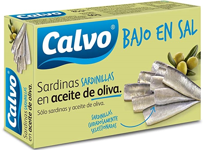 Calvo Sardinillas en aceite de oliva bajo en sal Sardinettes à l’huile d’olive peu salée 90g